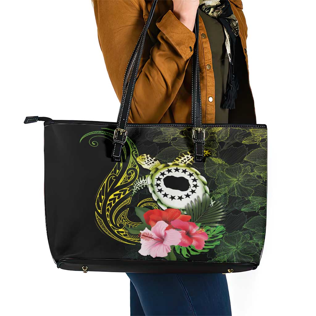 Kia Orana Cook Islands Leather Tote Bag Turtle and Hibiscus Polynesian Pattern LT03 - Polynesian Pride
