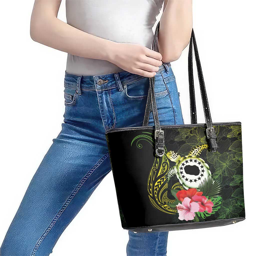 Kia Orana Cook Islands Leather Tote Bag Turtle and Hibiscus Polynesian Pattern LT03 - Polynesian Pride