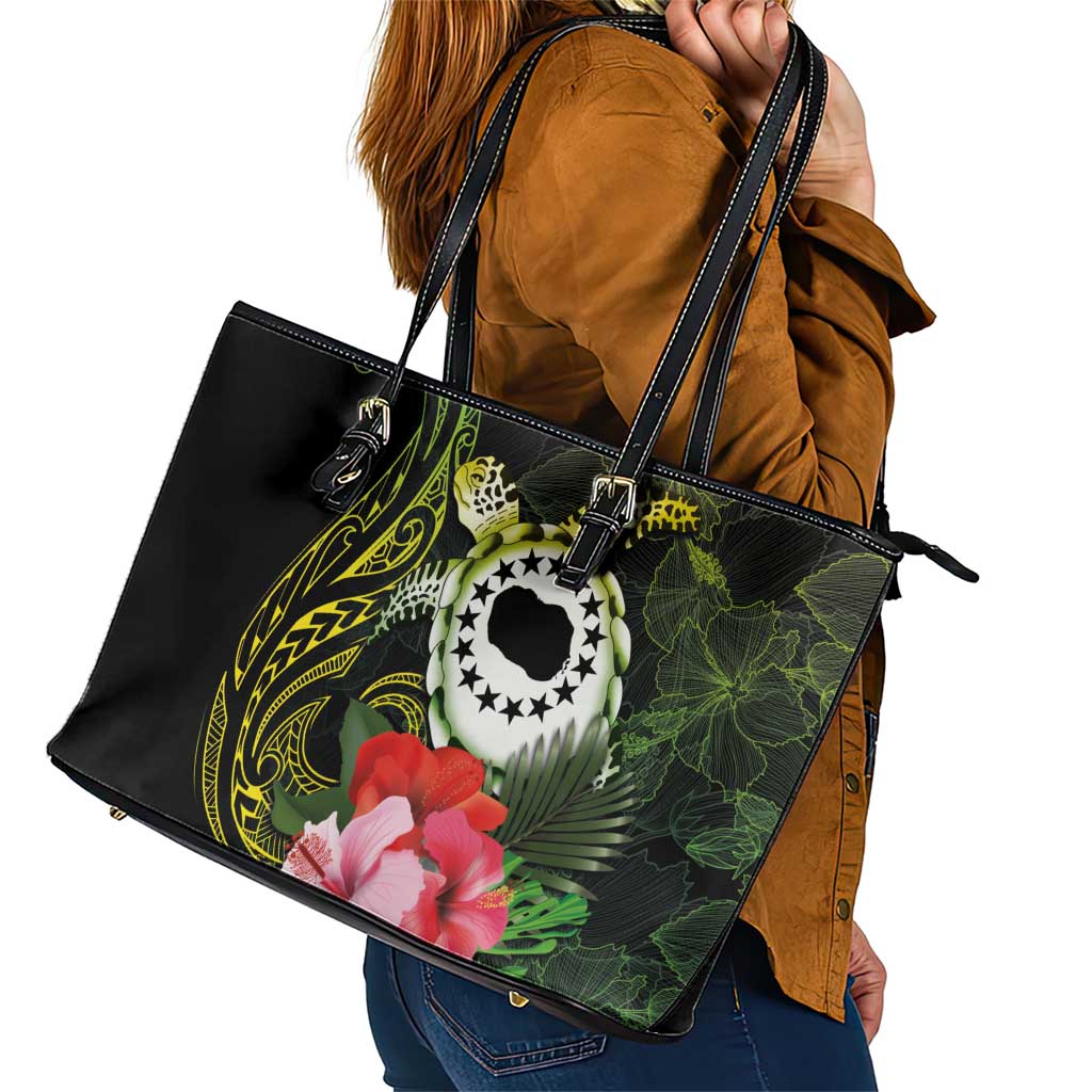 Kia Orana Cook Islands Leather Tote Bag Turtle and Hibiscus Polynesian Pattern LT03 - Polynesian Pride