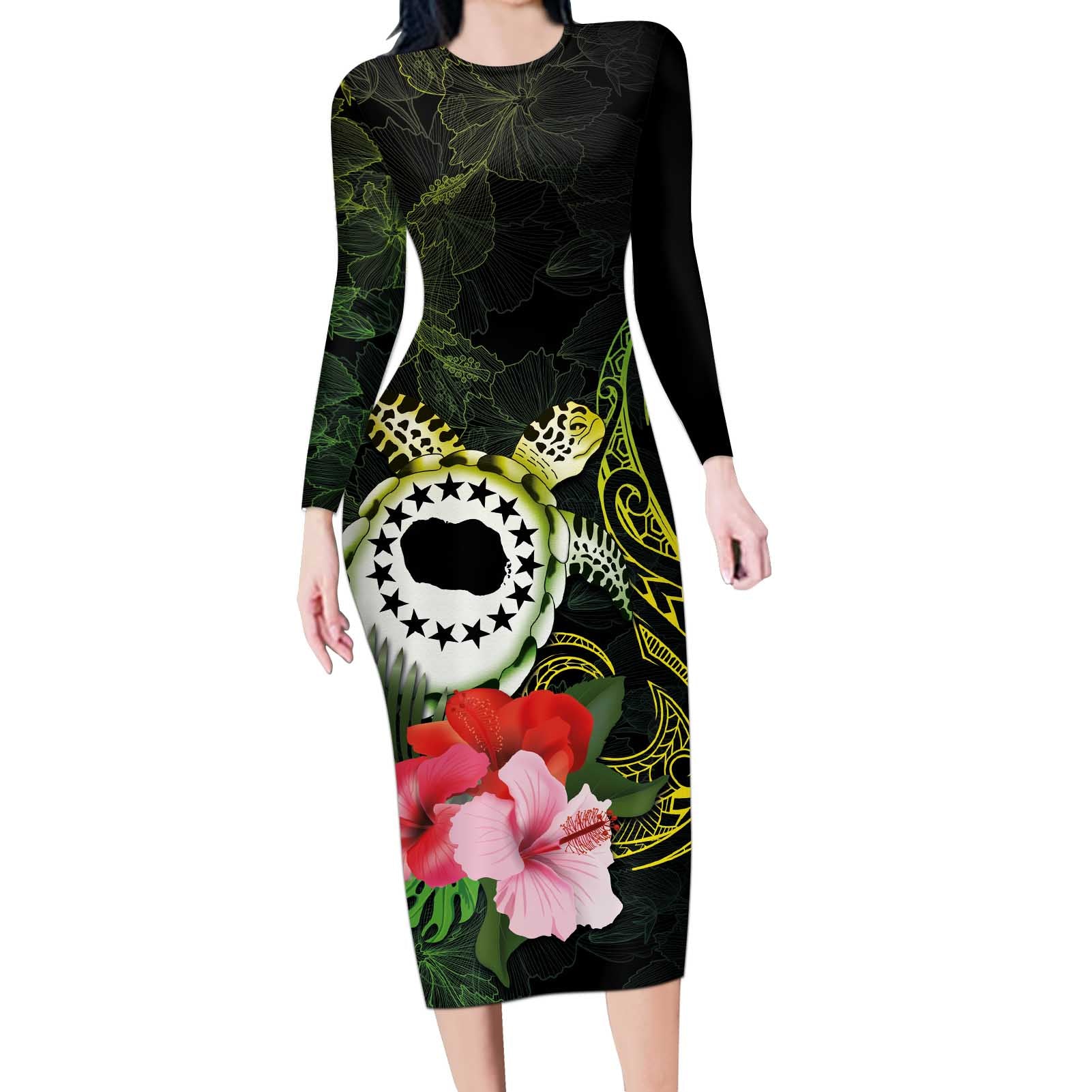 Kia Orana Cook Islands Long Sleeve Bodycon Dress Turtle and Hibiscus Polynesian Pattern