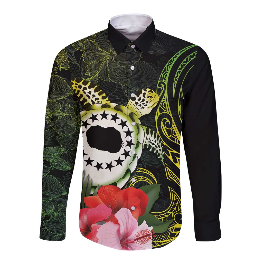 Kia Orana Cook Islands Long Sleeve Button Shirt Turtle and Hibiscus Polynesian Pattern