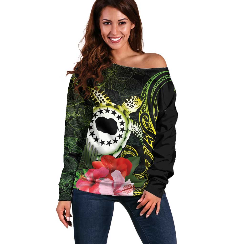 Kia Orana Cook Islands Off Shoulder Sweater Turtle and Hibiscus Polynesian Pattern