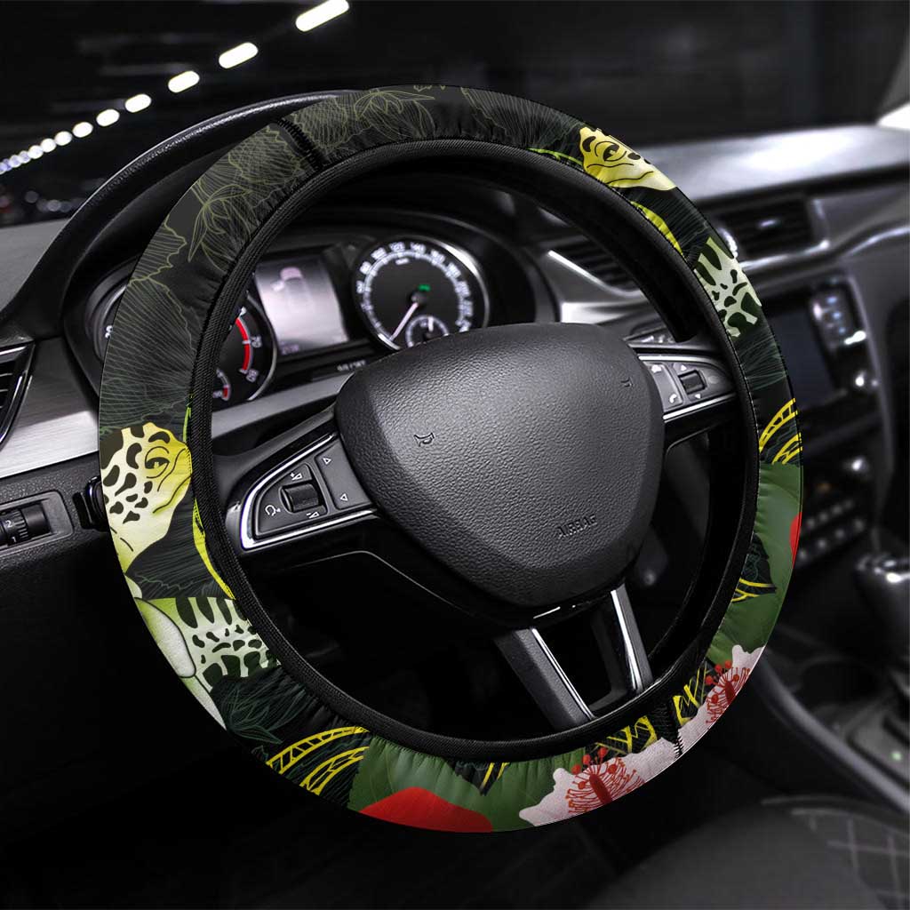 Kia Orana Cook Islands Steering Wheel Cover Turtle and Hibiscus Polynesian Pattern LT03 Universal Fit Yellow - Polynesian Pride