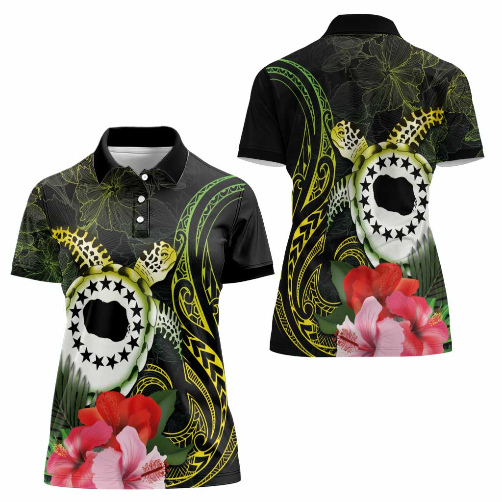 Kia Orana Cook Islands Women Polo Shirt Turtle and Hibiscus Polynesian Pattern