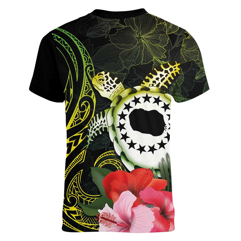 Kia Orana Cook Islands Women V-Neck T-Shirt Turtle and Hibiscus Polynesian Pattern