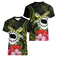 Kia Orana Cook Islands Women V-Neck T-Shirt Turtle and Hibiscus Polynesian Pattern