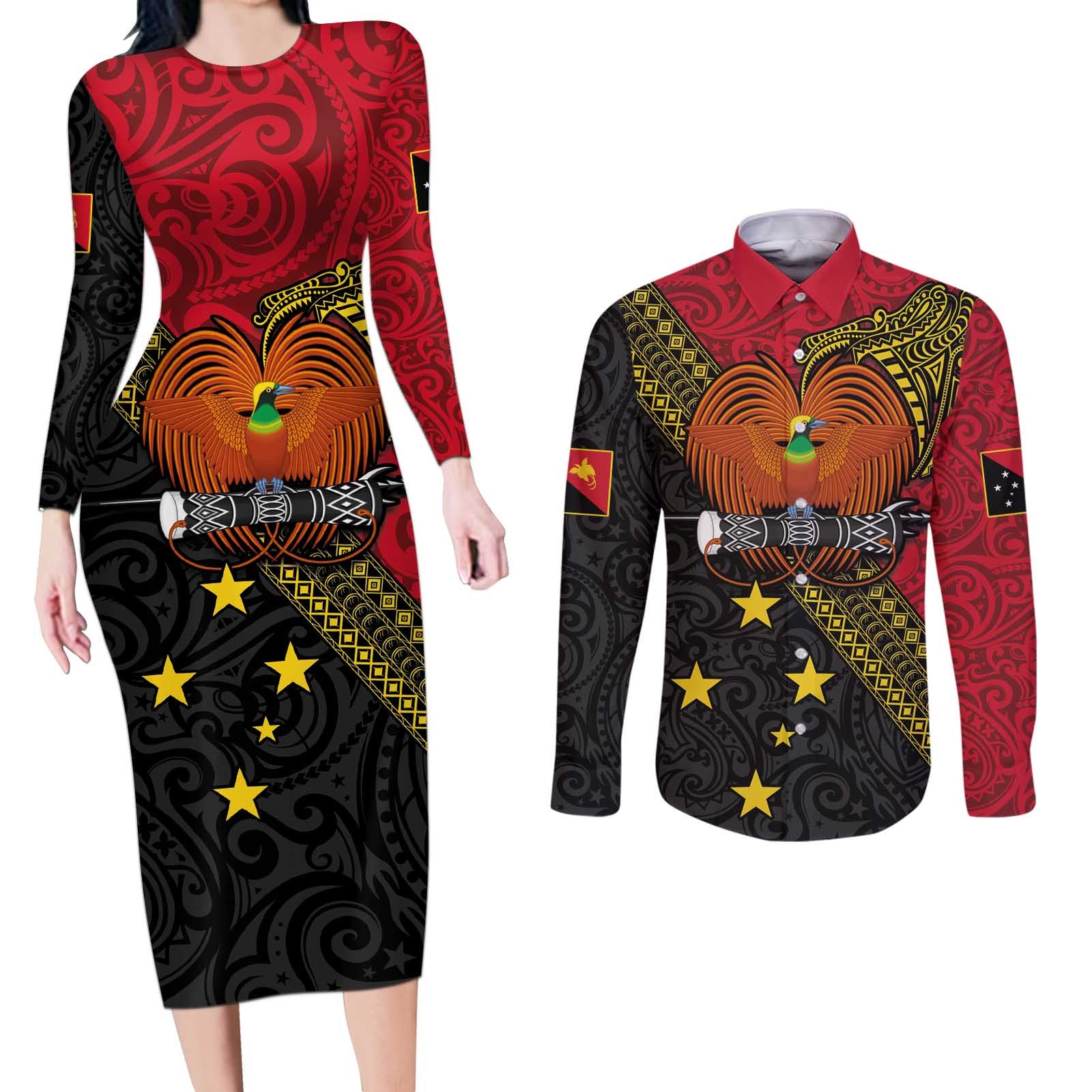 Papua New Guinea Goroka Show Couples Matching Long Sleeve Bodycon Dress and Long Sleeve Button Shirt Bird-of-paradise and Melanesian Tattoo Pattern LT03 Red - Polynesian Pride