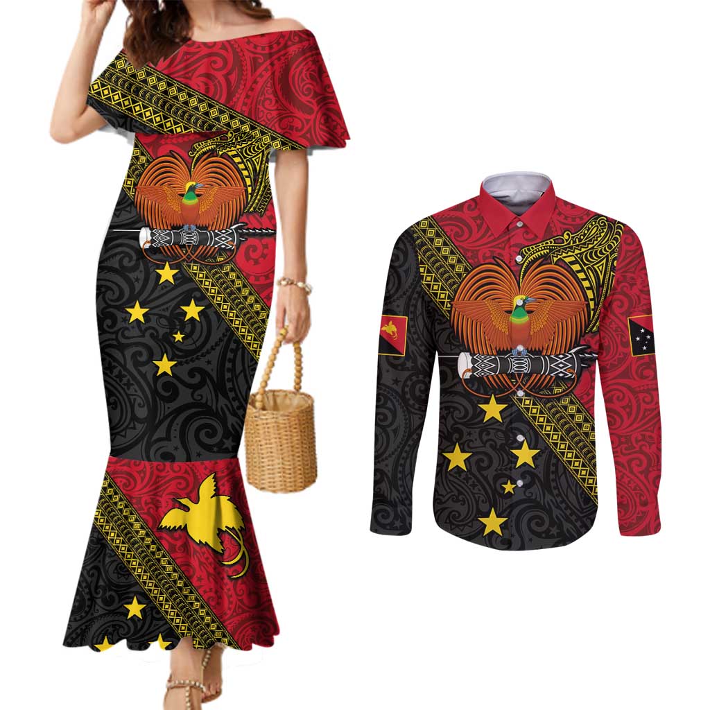 Papua New Guinea Goroka Show Couples Matching Mermaid Dress and Long Sleeve Button Shirt Bird-of-paradise and Melanesian Tattoo Pattern LT03 Red - Polynesian Pride