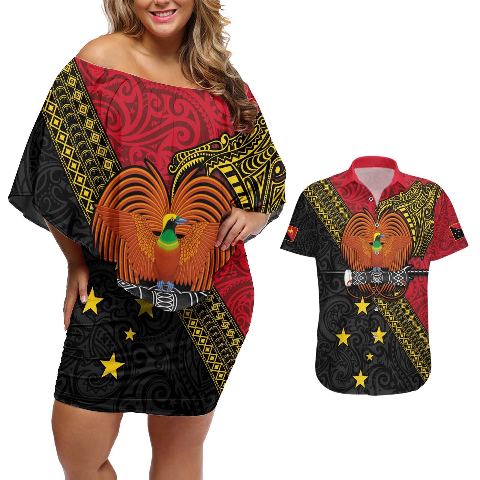 Papua New Guinea Goroka Show Couples Matching Off Shoulder Short Dress and Hawaiian Shirt Bird-of-paradise and Melanesian Tattoo Pattern LT03 Red - Polynesian Pride