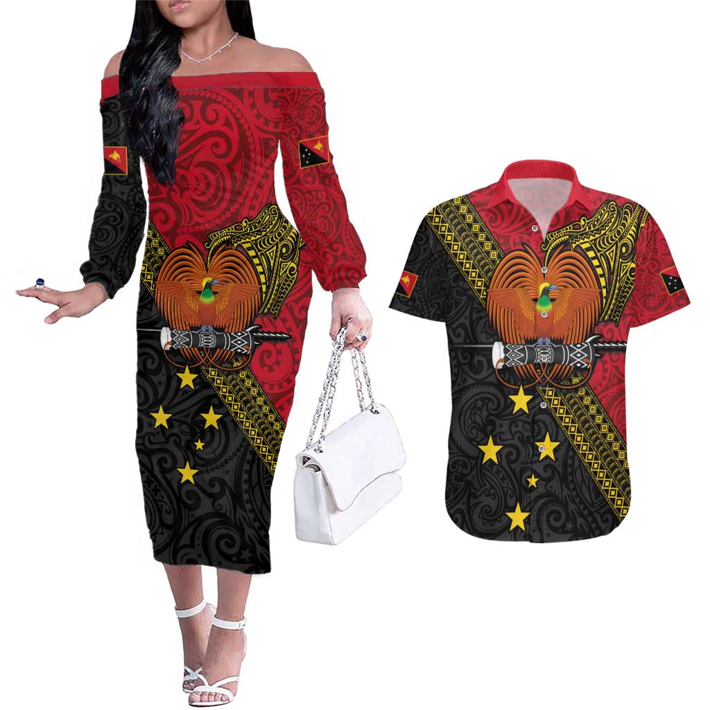 Papua new Guinea Goroka Show Couples Matching Off The Shoulder Long Sleeve Dress and Hawaiian Shirt Bird-of-paradise and Melanesian Tattoo Pattern