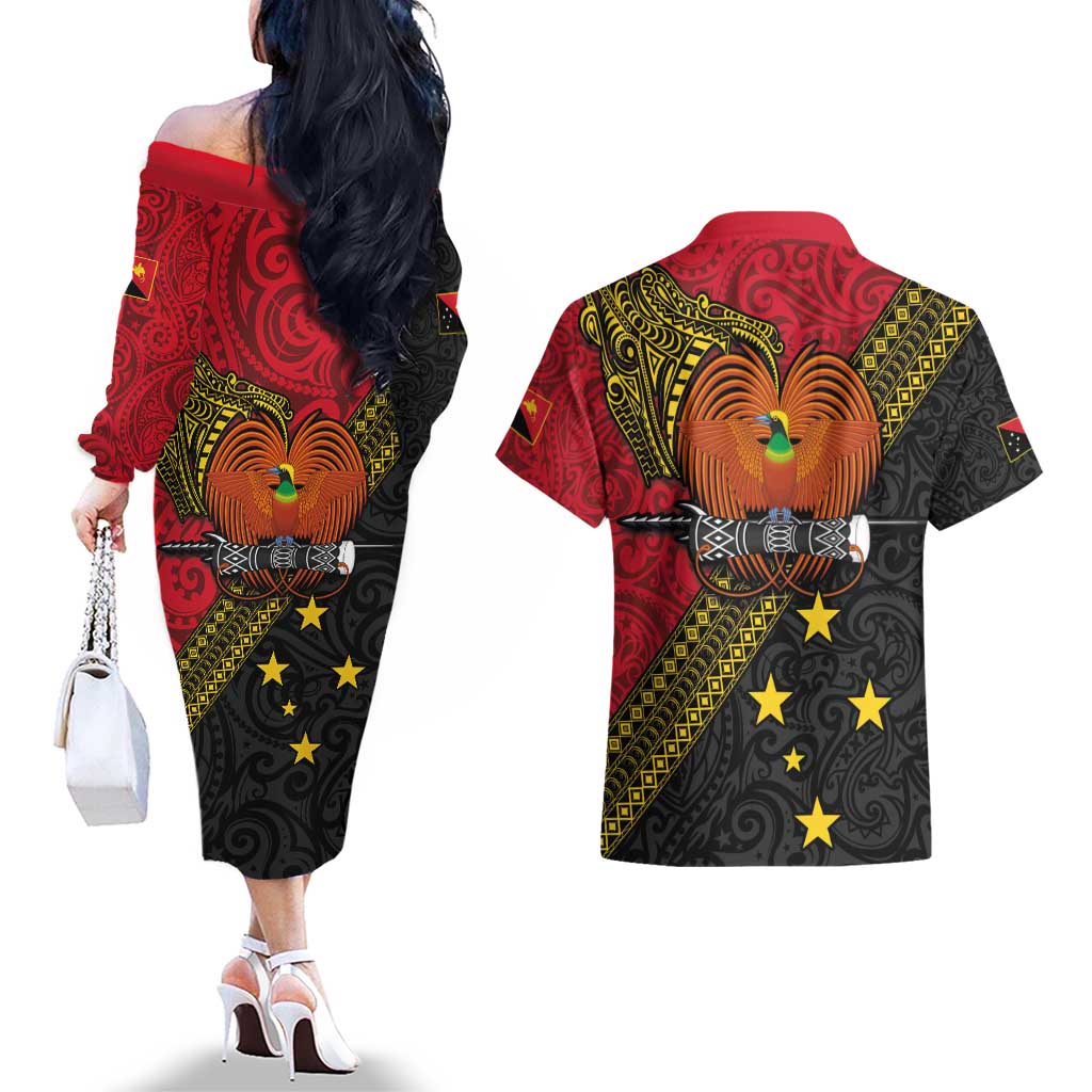 Papua new Guinea Goroka Show Couples Matching Off The Shoulder Long Sleeve Dress and Hawaiian Shirt Bird-of-paradise and Melanesian Tattoo Pattern