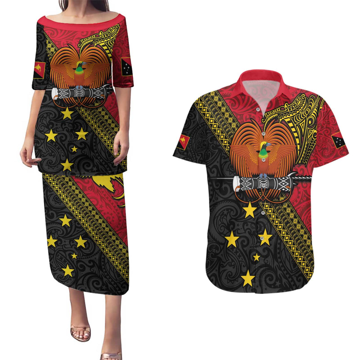Papua new Guinea Goroka Show Couples Matching Puletasi and Hawaiian Shirt Bird-of-paradise and Melanesian Tattoo Pattern