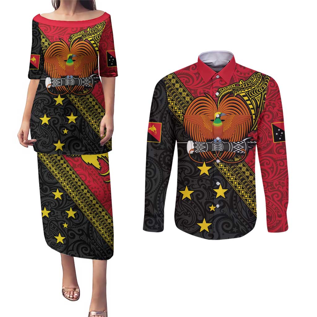 Papua New Guinea Goroka Show Couples Matching Puletasi and Long Sleeve Button Shirt Bird-of-paradise and Melanesian Tattoo Pattern LT03 Red - Polynesian Pride