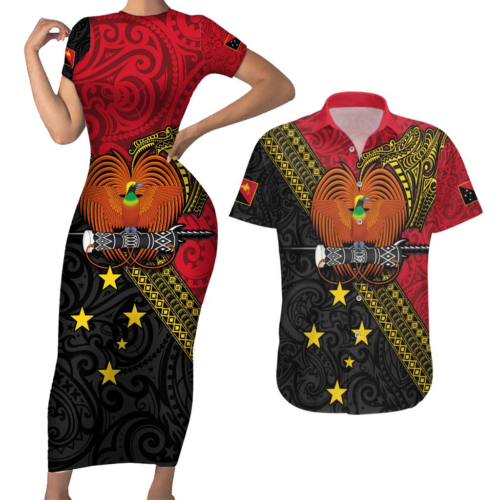 Papua new Guinea Goroka Show Couples Matching Short Sleeve Bodycon Dress and Hawaiian Shirt Bird-of-paradise and Melanesian Tattoo Pattern