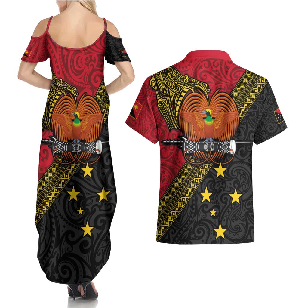 Papua new Guinea Goroka Show Couples Matching Summer Maxi Dress and Hawaiian Shirt Bird-of-paradise and Melanesian Tattoo Pattern