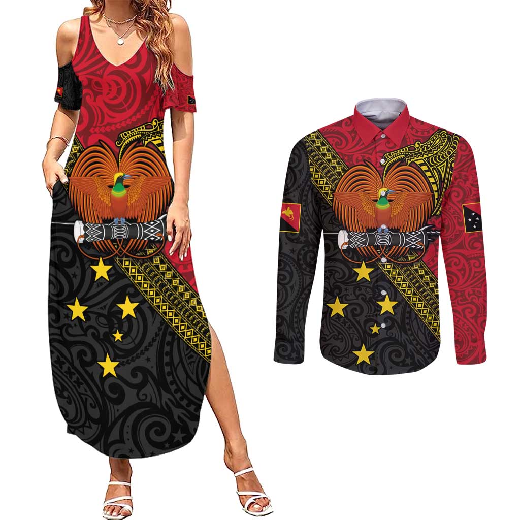 Papua new Guinea Goroka Show Couples Matching Summer Maxi Dress and Long Sleeve Button Shirt Bird-of-paradise and Melanesian Tattoo Pattern