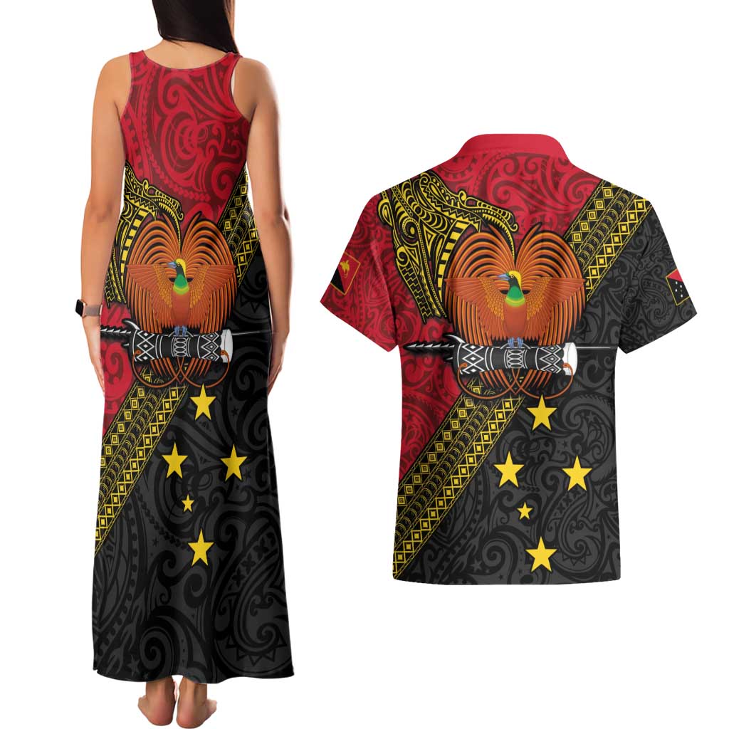 Papua new Guinea Goroka Show Couples Matching Tank Maxi Dress and Hawaiian Shirt Bird-of-paradise and Melanesian Tattoo Pattern