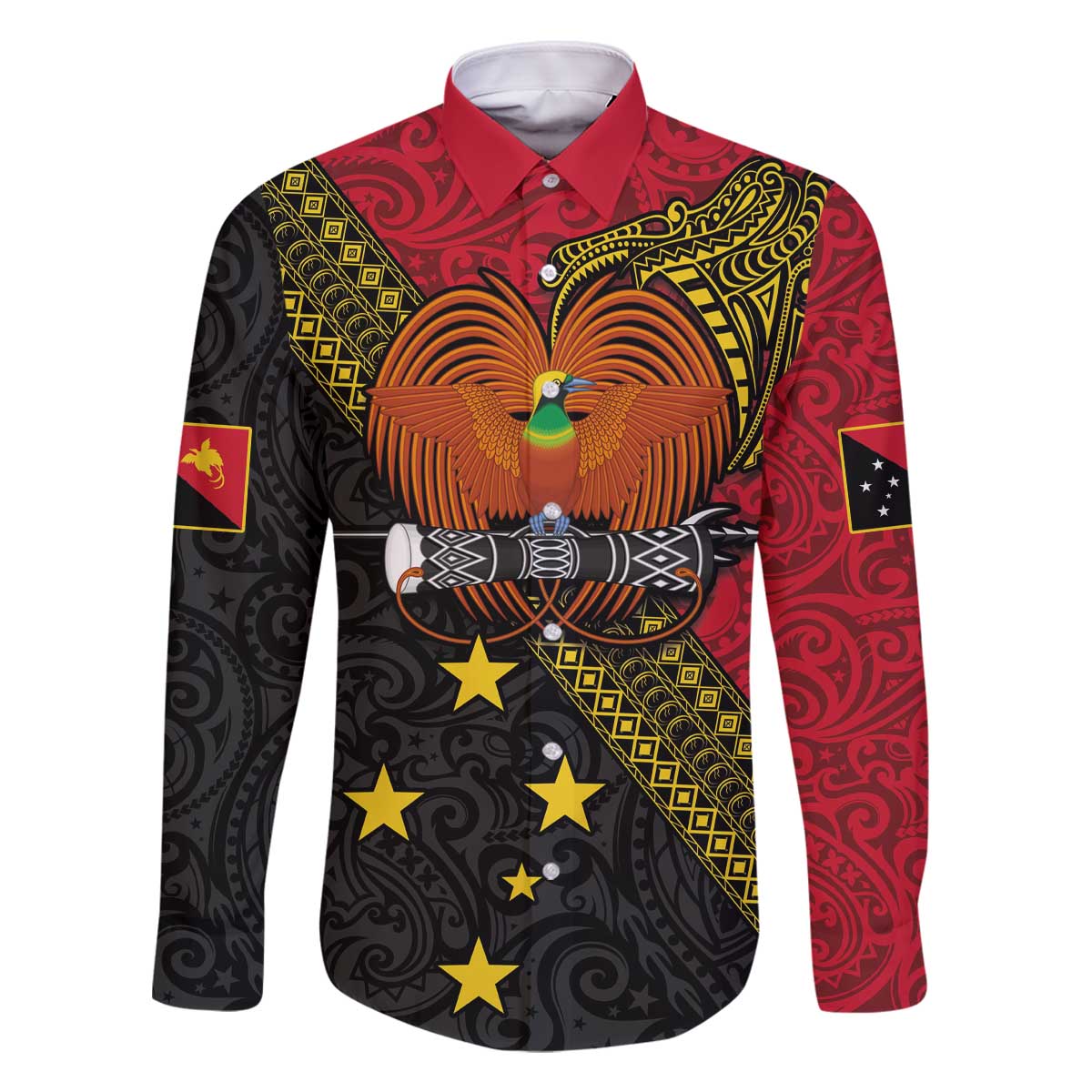 Papua new Guinea Goroka Show Family Matching Off The Shoulder Long Sleeve Dress and Hawaiian Shirt Bird-of-paradise and Melanesian Tattoo Pattern