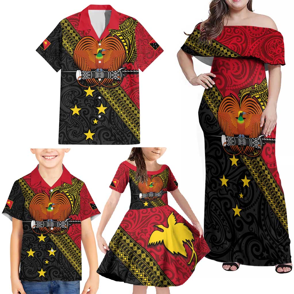 Papua new Guinea Goroka Show Family Matching Off Shoulder Maxi Dress and Hawaiian Shirt Bird-of-paradise and Melanesian Tattoo Pattern