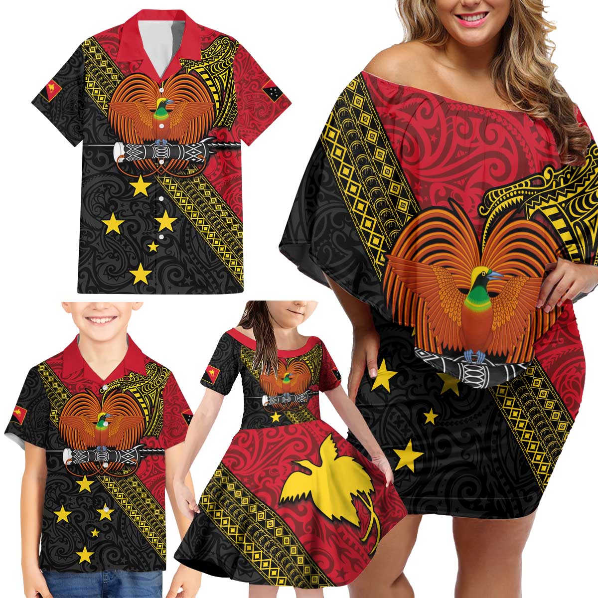 Papua new Guinea Goroka Show Family Matching Off Shoulder Short Dress and Hawaiian Shirt Bird-of-paradise and Melanesian Tattoo Pattern