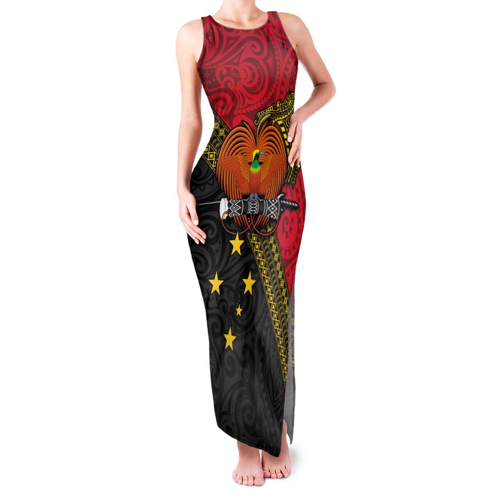 Papua new Guinea Goroka Show Family Matching Tank Maxi Dress and Hawaiian Shirt Bird-of-paradise and Melanesian Tattoo Pattern