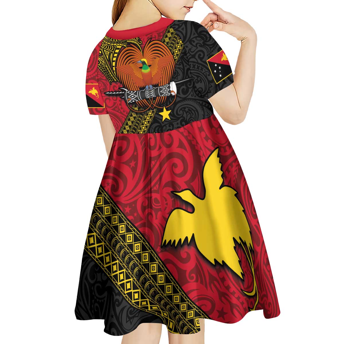 Papua new Guinea Goroka Show Kid Short Sleeve Dress Bird-of-paradise and Melanesian Tattoo Pattern