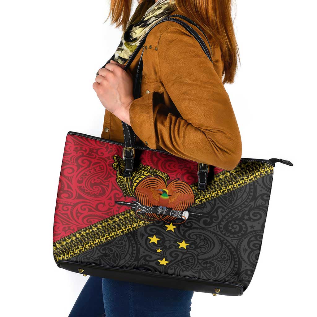 Papua new Guinea Goroka Show Leather Tote Bag Bird-of-paradise and Melanesian Tattoo Pattern