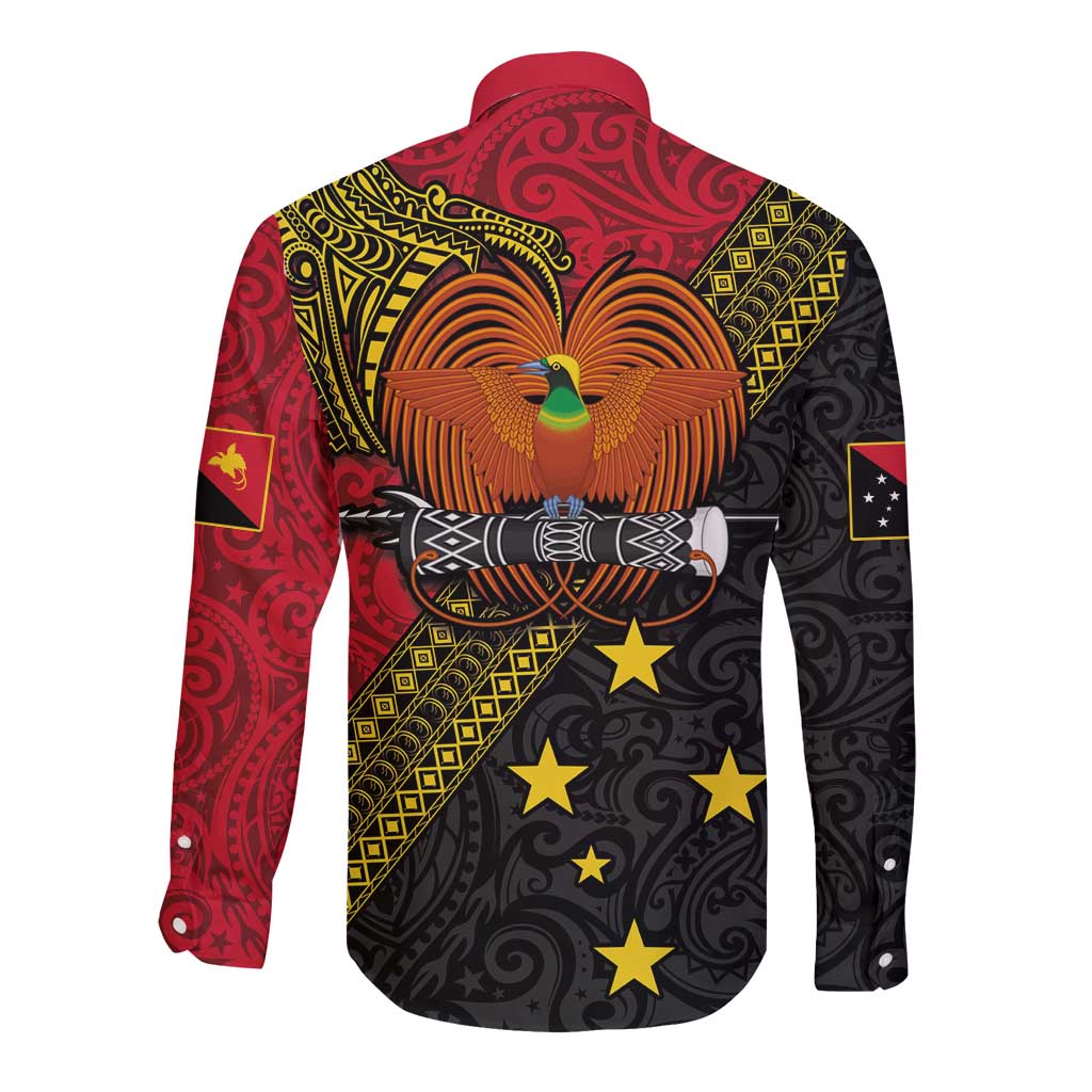 Papua new Guinea Goroka Show Long Sleeve Button Shirt Bird-of-paradise and Melanesian Tattoo Pattern