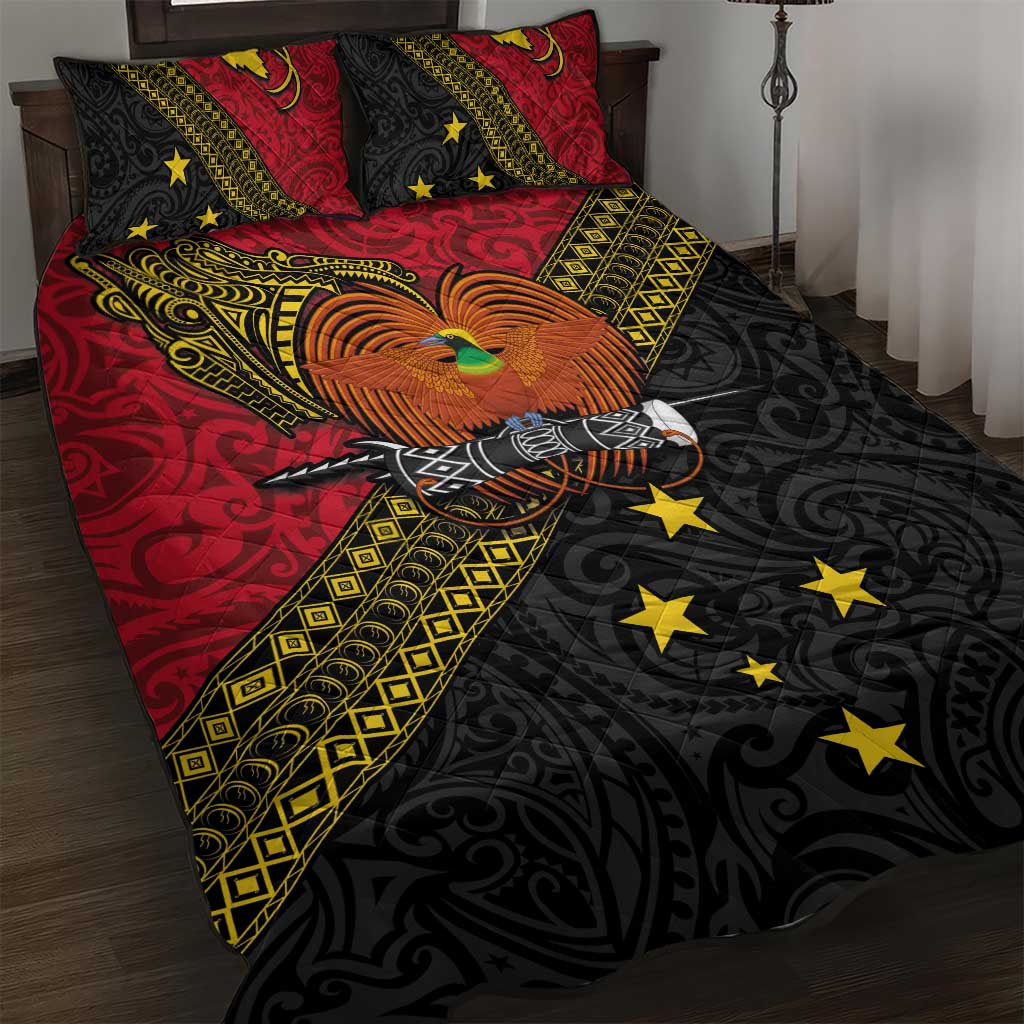 Papua New Guinea Goroka Show Quilt Bed Set Bird-of-paradise and Melanesian Tattoo Pattern LT03 Red - Polynesian Pride