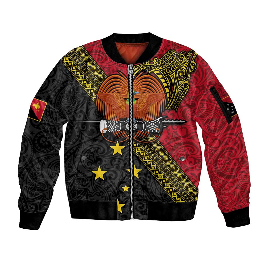 Papua new Guinea Goroka Show Sleeve Zip Bomber Jacket Bird-of-paradise and Melanesian Tattoo Pattern