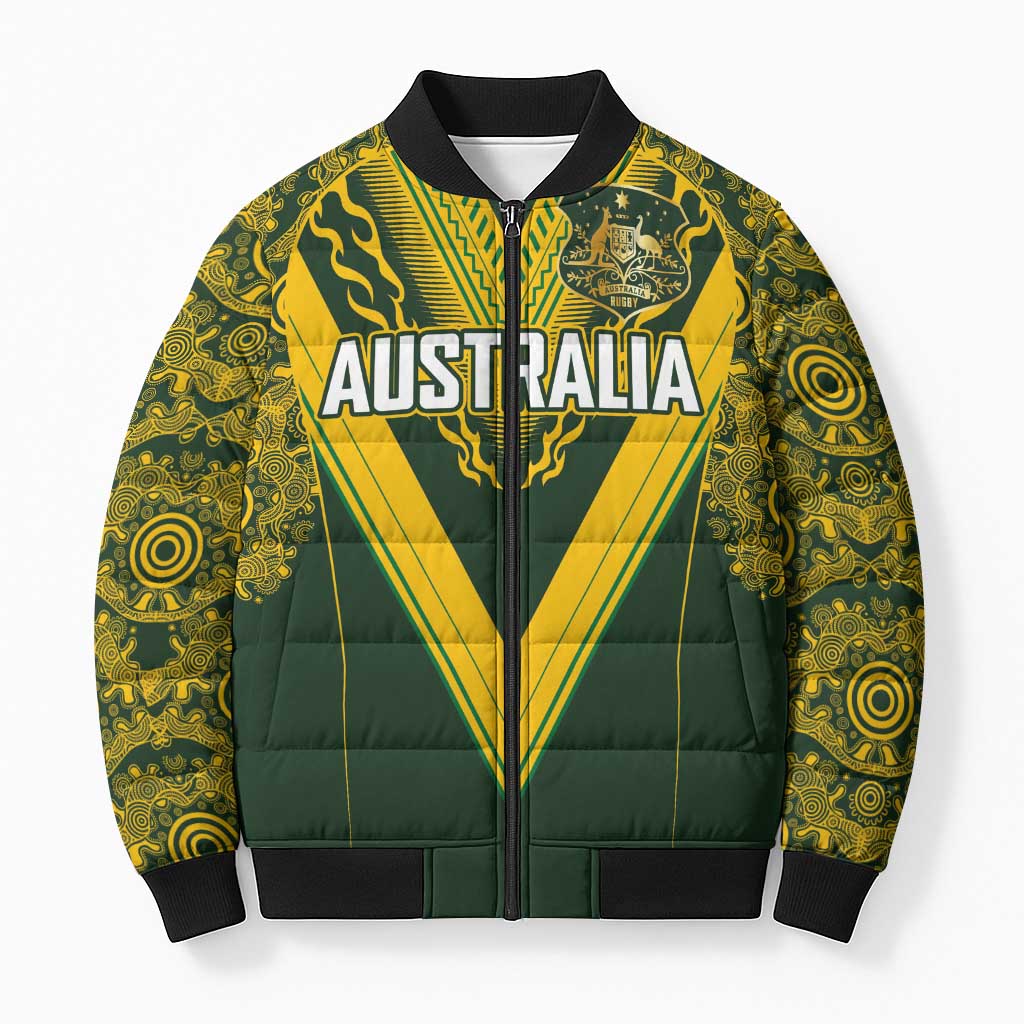 Australia Rugby Custom Bomber Puffer Jacket Aboriginal Art Sporty Style LT03 Unisex Green - Polynesian Pride