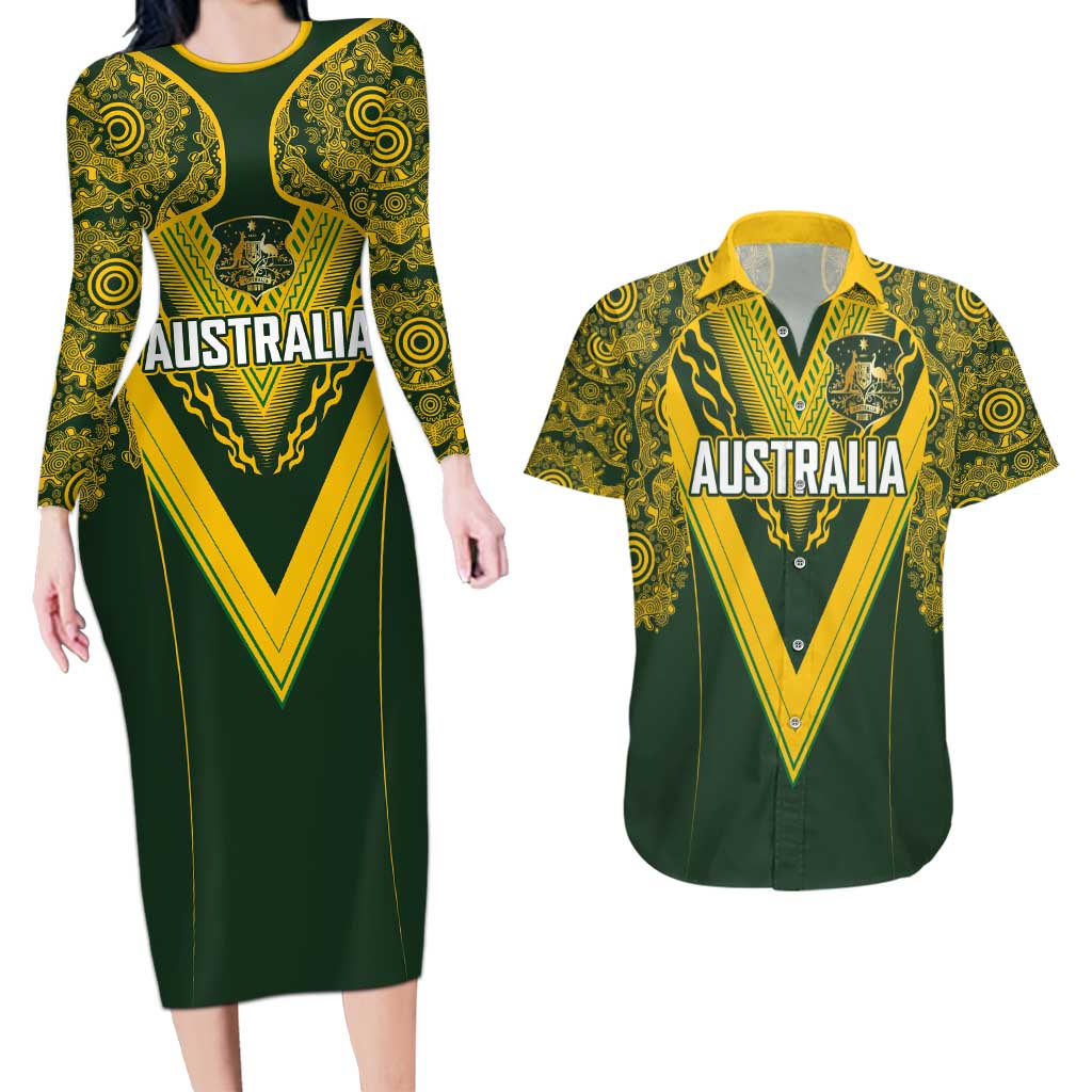 Australia Rugby Custom Couples Matching Long Sleeve Bodycon Dress and Hawaiian Shirt Aboriginal Art Sporty Style - Polynesian Pride