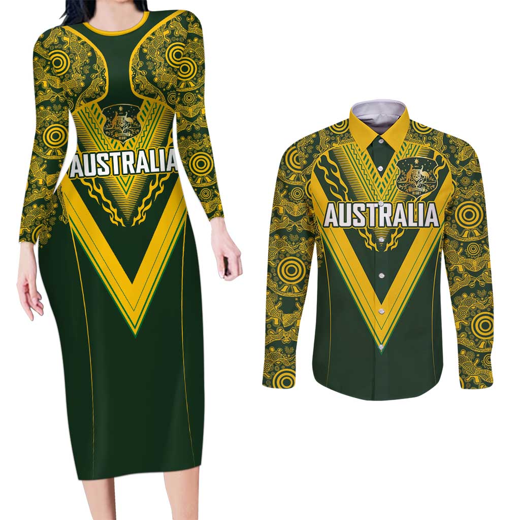 Australia Rugby Custom Couples Matching Long Sleeve Bodycon Dress and Long Sleeve Button Shirt Aboriginal Art Sporty Style LT03 Green - Polynesian Pride