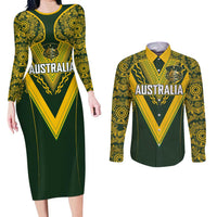 Australia Rugby Custom Couples Matching Long Sleeve Bodycon Dress and Long Sleeve Button Shirt Aboriginal Art Sporty Style LT03 Green - Polynesian Pride