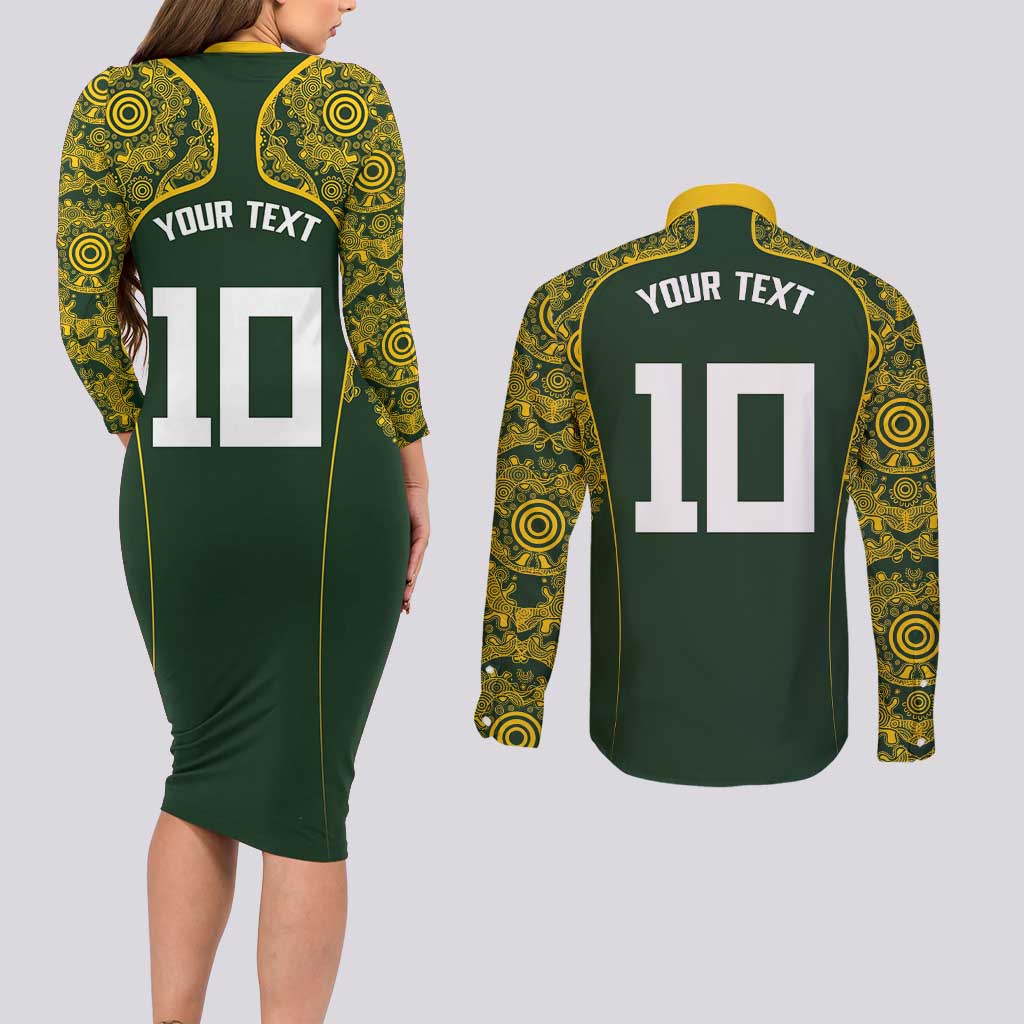 Australia Rugby Custom Couples Matching Long Sleeve Bodycon Dress and Long Sleeve Button Shirt Aboriginal Art Sporty Style LT03 - Polynesian Pride