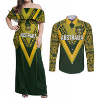 Australia Rugby Custom Couples Matching Off Shoulder Maxi Dress and Long Sleeve Button Shirt Aboriginal Art Sporty Style - Polynesian Pride