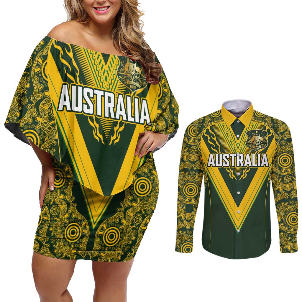 Australia Rugby Custom Couples Matching Off Shoulder Short Dress and Long Sleeve Button Shirt Aboriginal Art Sporty Style - Polynesian Pride
