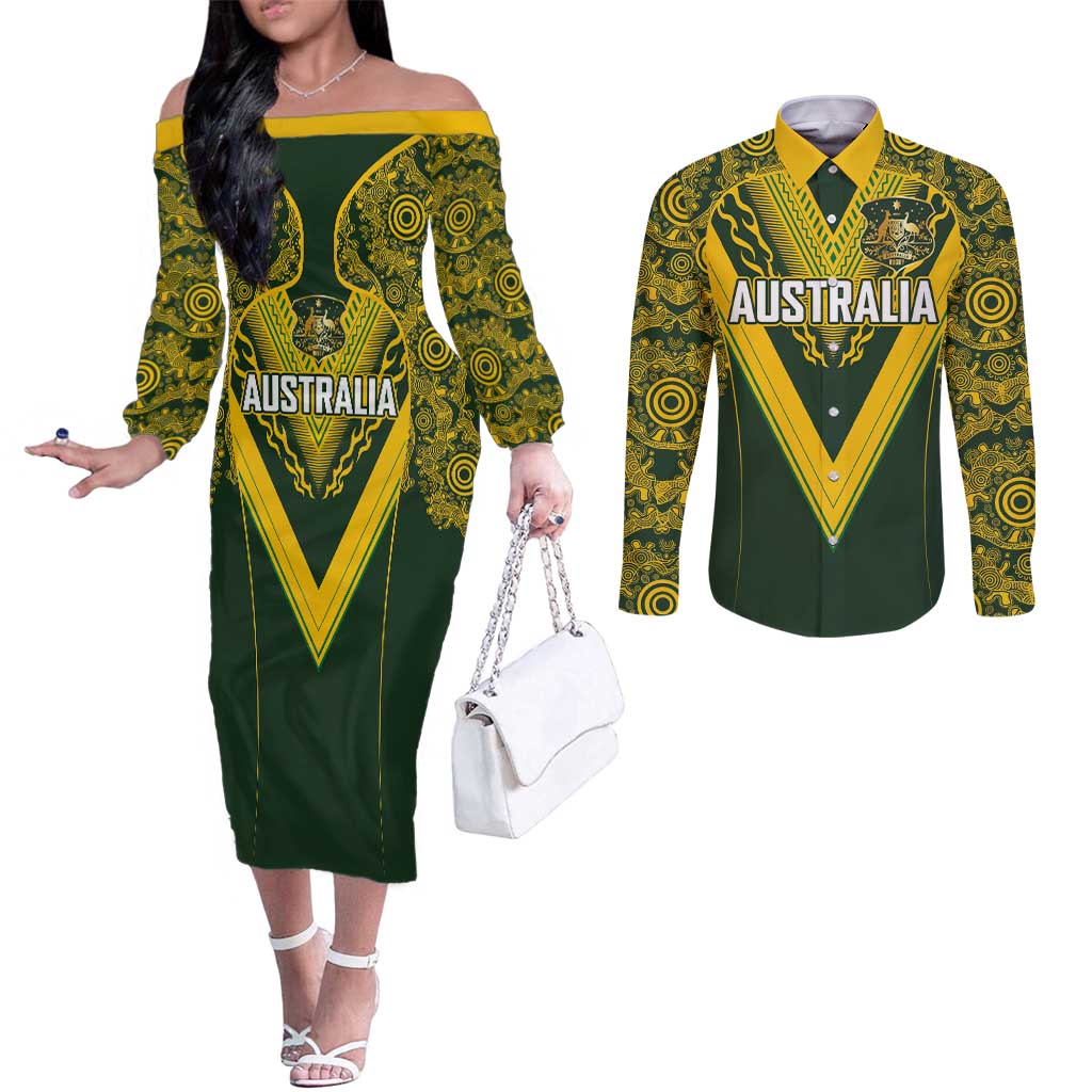 Australia Rugby Custom Couples Matching Off The Shoulder Long Sleeve Dress and Long Sleeve Button Shirt Aboriginal Art Sporty Style LT03 Green - Polynesian Pride