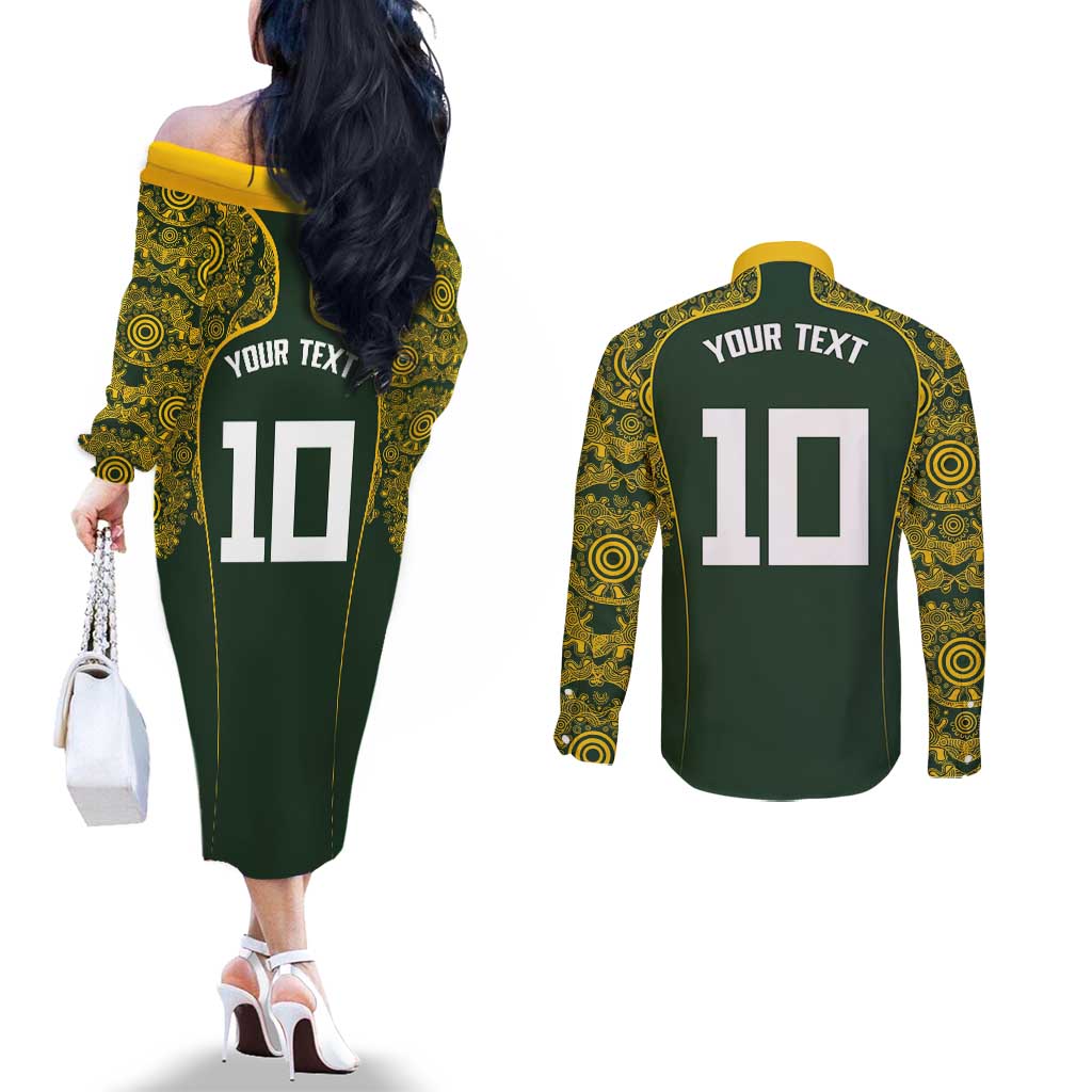 Australia Rugby Custom Couples Matching Off The Shoulder Long Sleeve Dress and Long Sleeve Button Shirt Aboriginal Art Sporty Style LT03 - Polynesian Pride