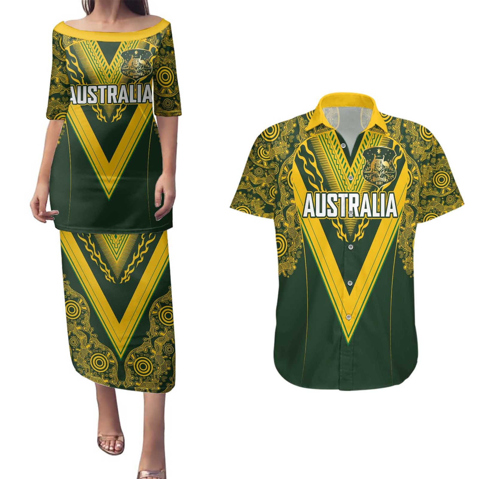 Australia Rugby Custom Couples Matching Puletasi and Hawaiian Shirt Aboriginal Art Sporty Style - Polynesian Pride