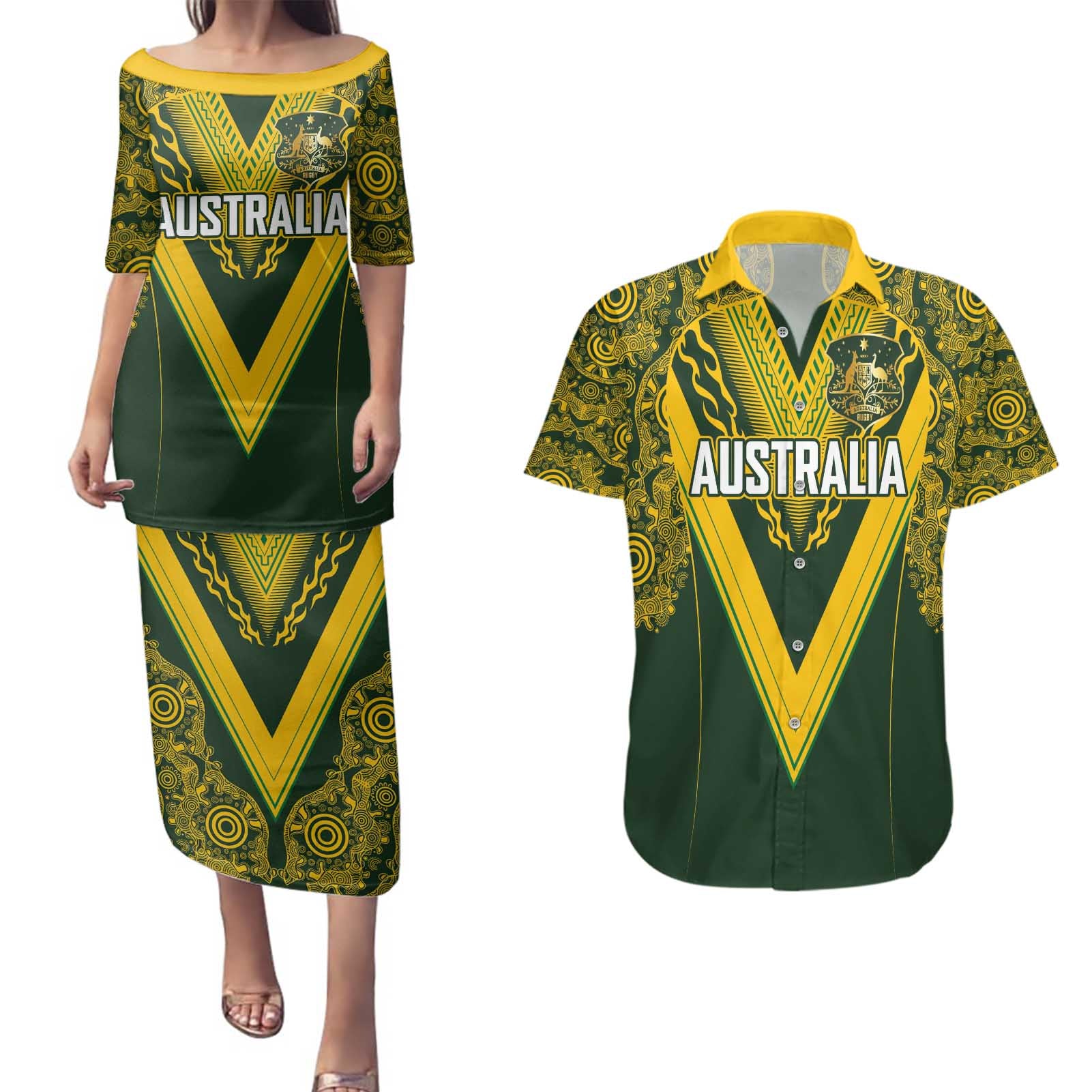 Australia Rugby Custom Couples Matching Puletasi and Hawaiian Shirt Aboriginal Art Sporty Style - Polynesian Pride