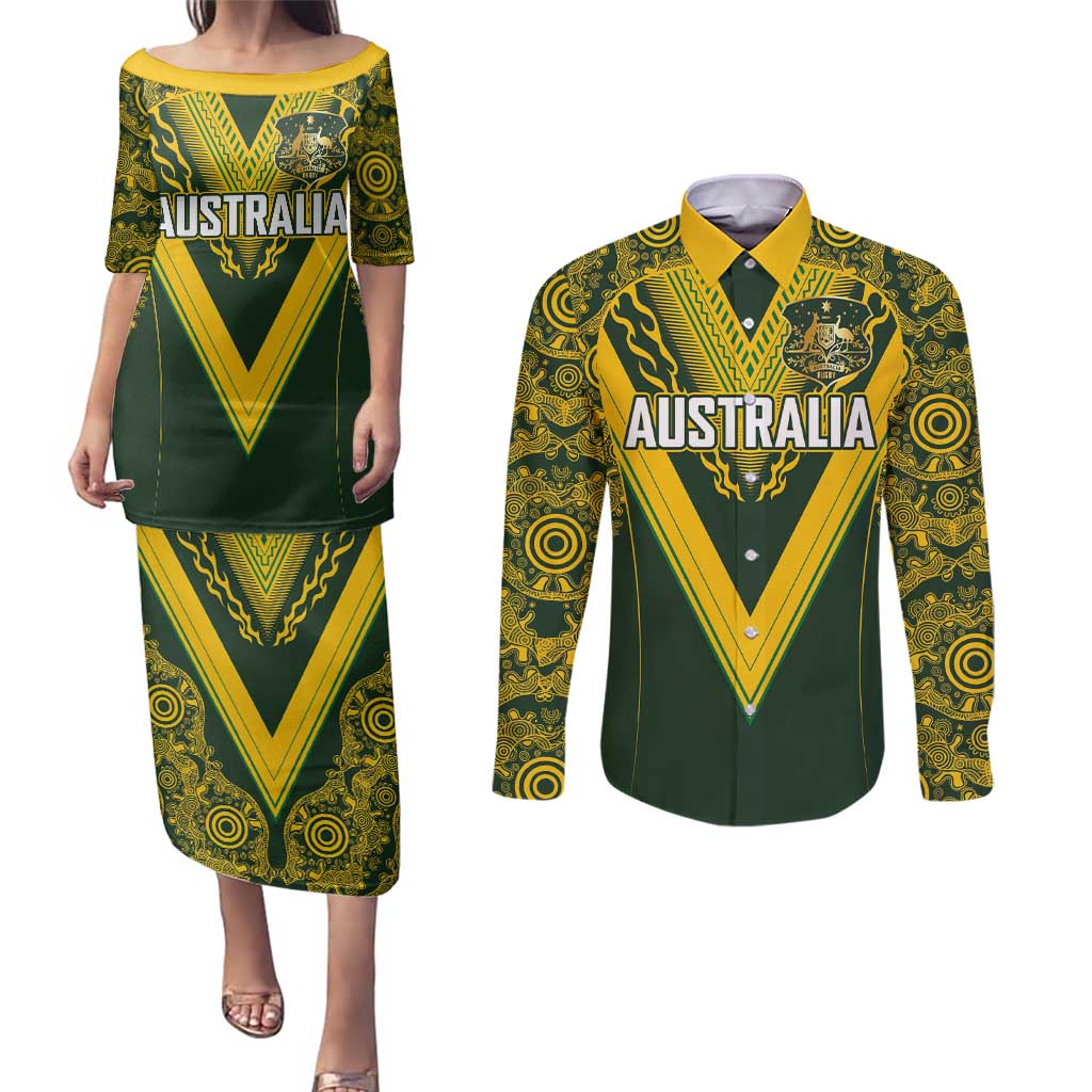 Australia Rugby Custom Couples Matching Puletasi and Long Sleeve Button Shirt Aboriginal Art Sporty Style LT03 Green - Polynesian Pride