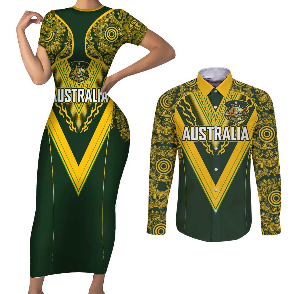 Australia Rugby Custom Couples Matching Short Sleeve Bodycon Dress and Long Sleeve Button Shirt Aboriginal Art Sporty Style LT03 Green - Polynesian Pride