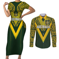 Australia Rugby Custom Couples Matching Short Sleeve Bodycon Dress and Long Sleeve Button Shirt Aboriginal Art Sporty Style LT03 Green - Polynesian Pride