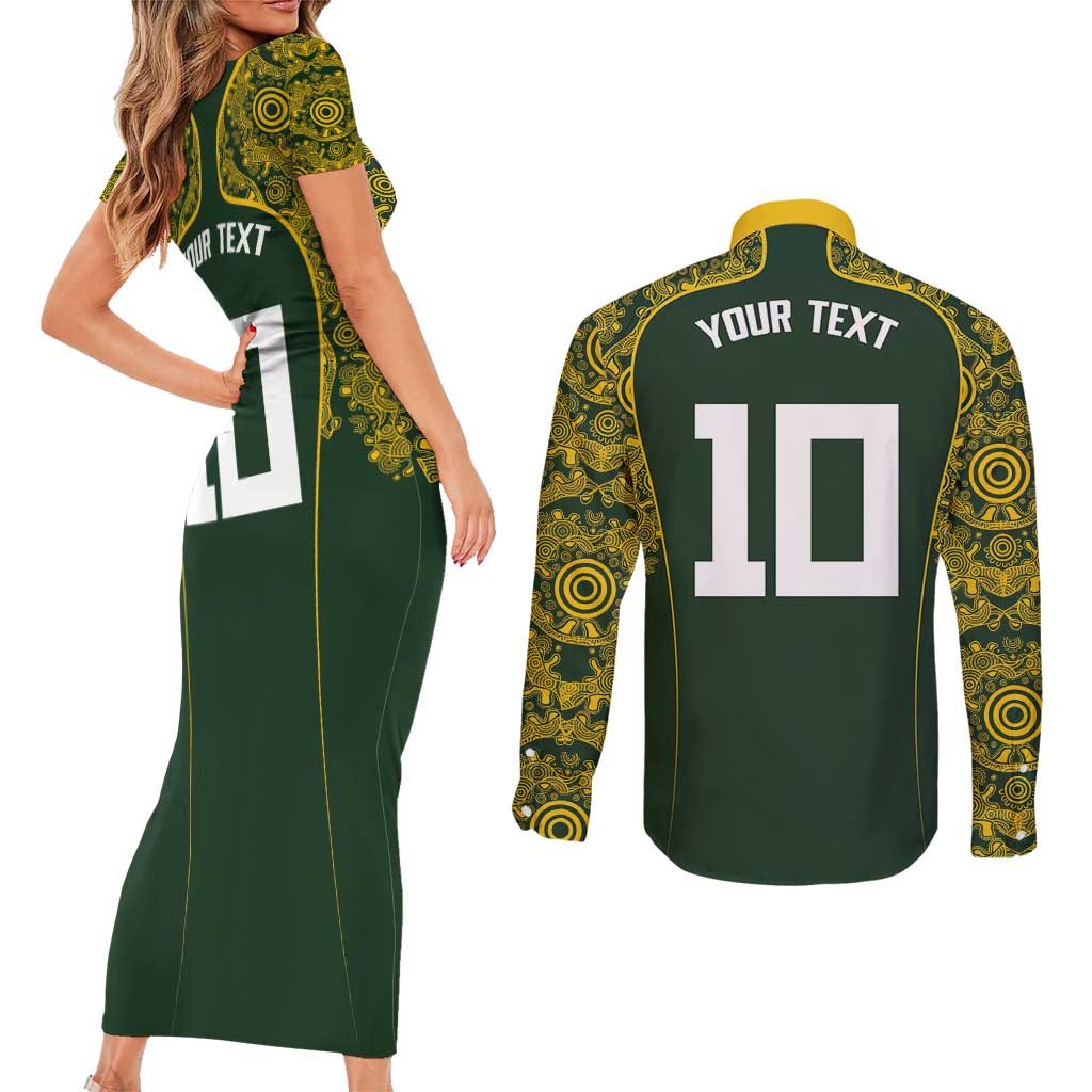 Australia Rugby Custom Couples Matching Short Sleeve Bodycon Dress and Long Sleeve Button Shirt Aboriginal Art Sporty Style LT03 - Polynesian Pride