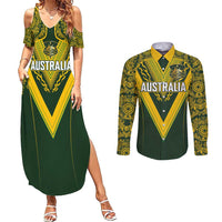 Australia Rugby Custom Couples Matching Summer Maxi Dress and Long Sleeve Button Shirt Aboriginal Art Sporty Style LT03 Green - Polynesian Pride