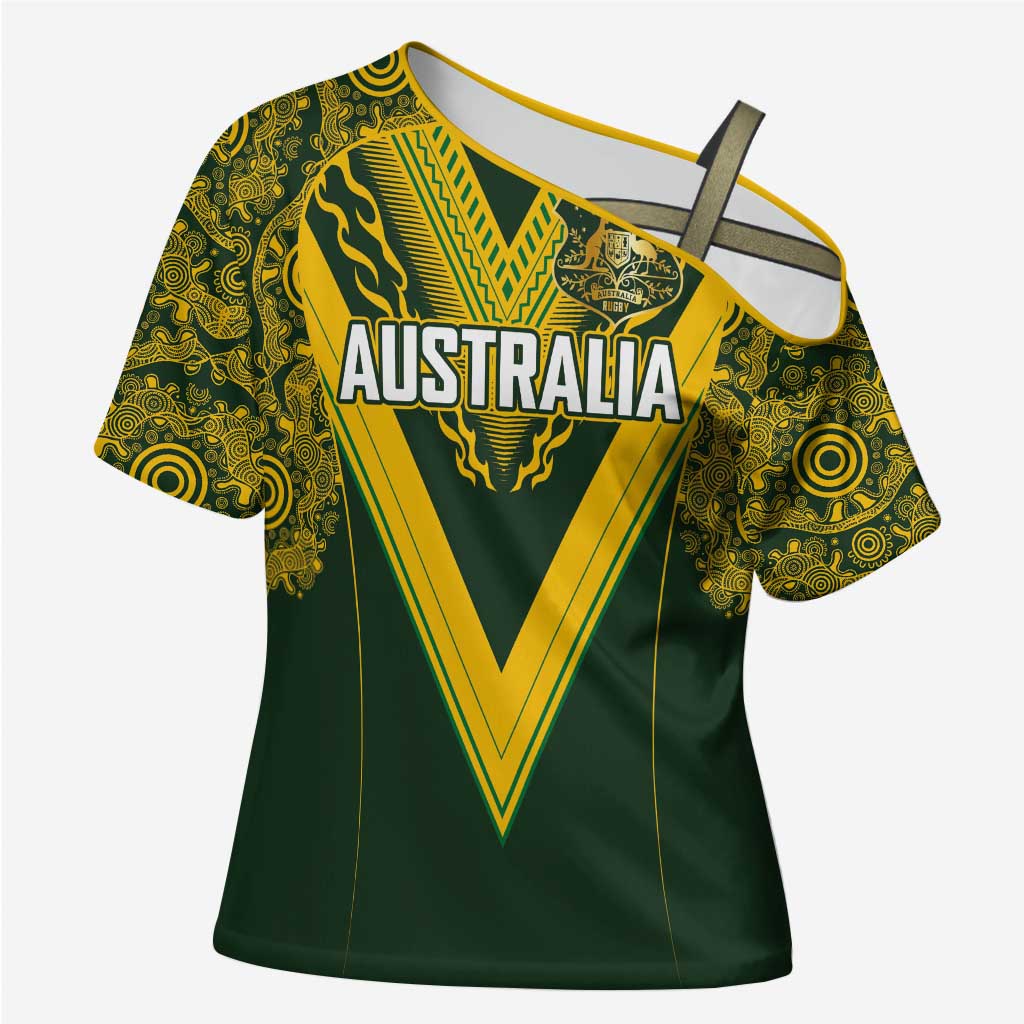 Australia Rugby Custom Cross Shoulder Shirt Aboriginal Art Sporty Style LT03 Female Green - Polynesian Pride