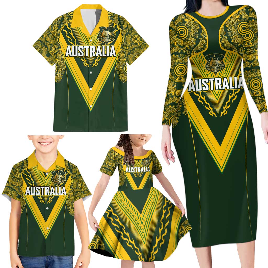Australia Rugby Custom Family Matching Long Sleeve Bodycon Dress and Hawaiian Shirt Aboriginal Art Sporty Style LT03 - Polynesian Pride