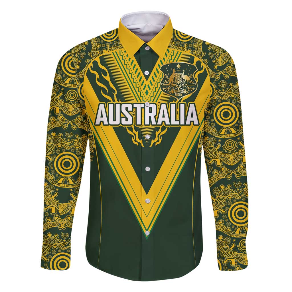 Australia Rugby Custom Family Matching Mermaid Dress and Hawaiian Shirt Aboriginal Art Sporty Style LT03 Dad's Shirt - Long Sleeve Green - Polynesian Pride