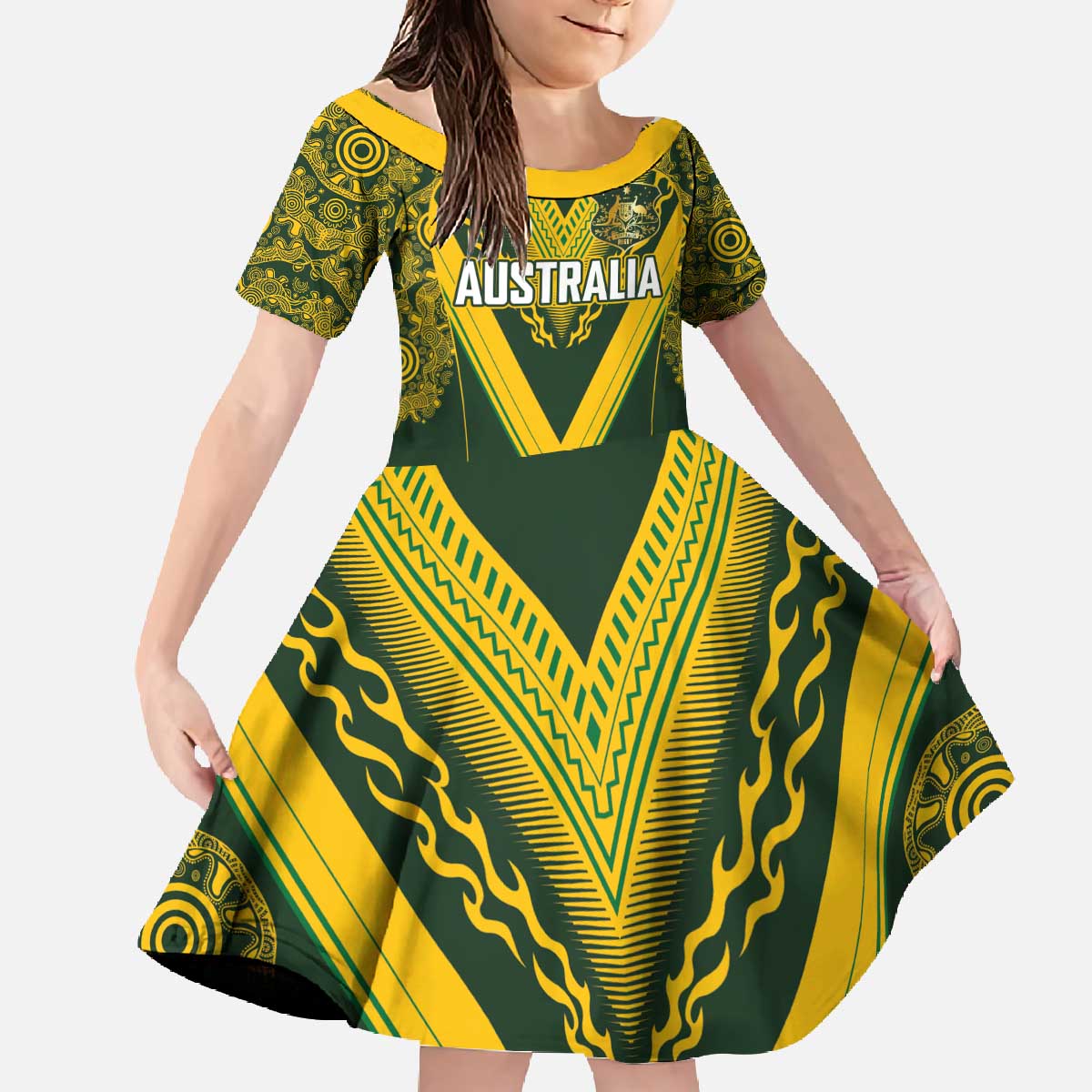 Australia Rugby Custom Family Matching Off The Shoulder Long Sleeve Dress and Hawaiian Shirt Aboriginal Art Sporty Style LT03 Daughter's Dress Green - Polynesian Pride